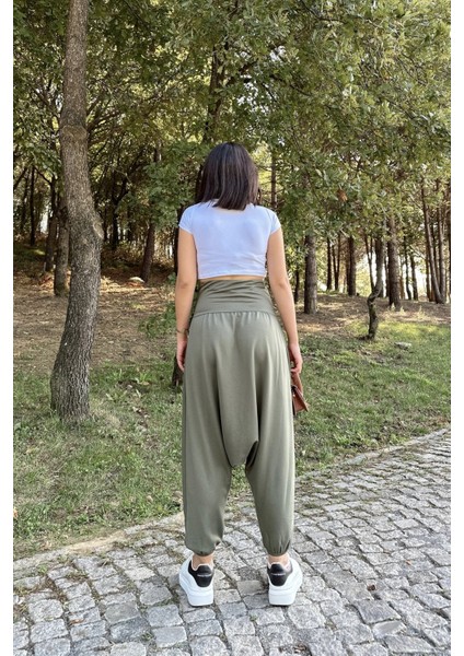 Kadın Haki Yüksek Bel, Paçası Lastikli, Salaş Örme Şalvar Pantolon fiyatları