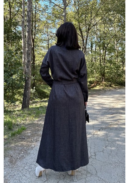 Kadın Antrasit Uzun Kol, Rahat Beli Kemerli, 4 Cepli, Gabardin Keten, Maksi Gömlek Elbise