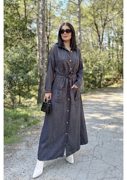 Kadın Antrasit Uzun Kol, Rahat Beli Kemerli, 4 Cepli, Gabardin Keten, Maksi Gömlek Elbise