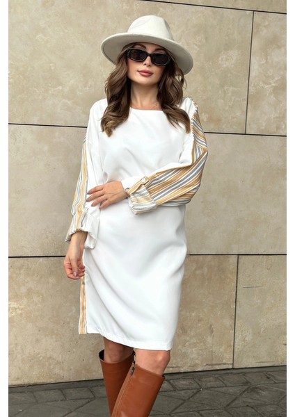 Kadın Hardal & Ekru Kolu Katlamalı, Beli Kuşaklı, Yuvarlak Yaka, Salaş Elbise