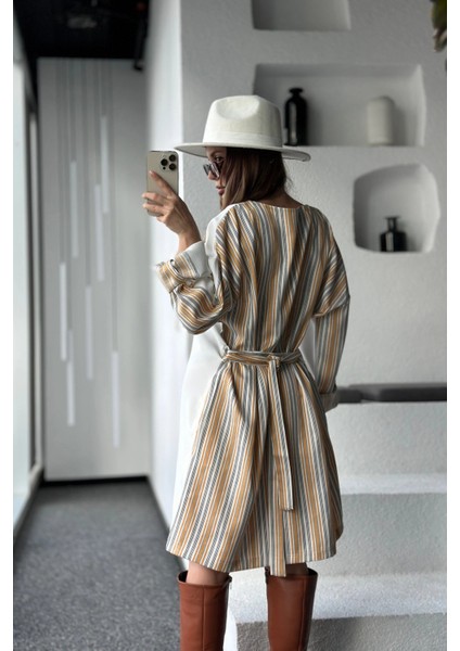 Kadın Hardal & Ekru Kolu Katlamalı, Beli Kuşaklı, Yuvarlak Yaka, Salaş Elbise modelleri