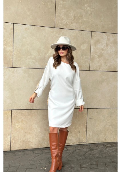 Kadın Hardal & Ekru Kolu Katlamalı, Beli Kuşaklı, Yuvarlak Yaka, Salaş Elbise fırsatları