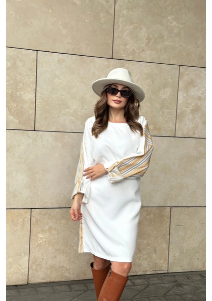 Kadın Hardal & Ekru Kolu Katlamalı, Beli Kuşaklı, Yuvarlak Yaka, Salaş Elbise indirimleri