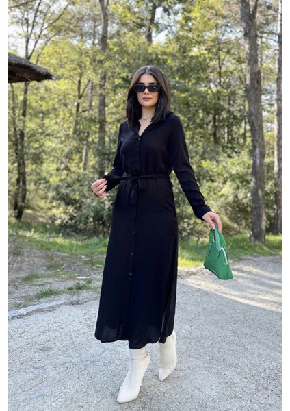 Kadın Siyah Uzun Kol, Beli Kuşaklı, Eteği Oval, Vucüda Oturan Kalıp, Uzun Viskon Gömlek Elbise fiyatları