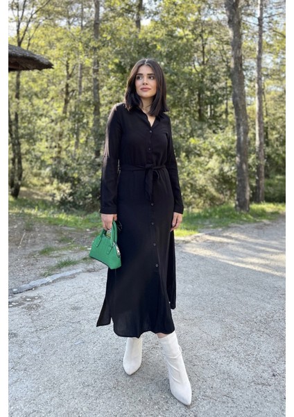 Kadın Siyah Uzun Kol, Beli Kuşaklı, Eteği Oval, Vucüda Oturan Kalıp, Uzun Viskon Gömlek Elbise modelleri