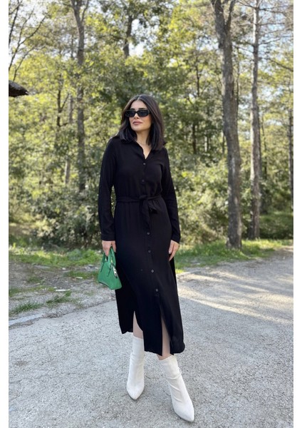 Kadın Siyah Uzun Kol, Beli Kuşaklı, Eteği Oval, Vucüda Oturan Kalıp, Uzun Viskon Gömlek Elbise fırsatları