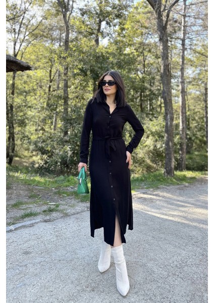 Kadın Siyah Uzun Kol, Beli Kuşaklı, Eteği Oval, Vucüda Oturan Kalıp, Uzun Viskon Gömlek Elbise indirimleri