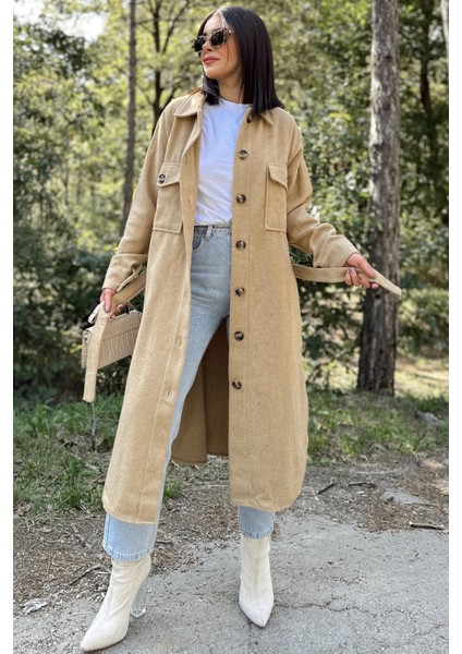 Kadın Karamel Uzun Kol, Çift Cepli, Eteği Oval Kesim, Kemerli, Kaşe Gömlek Kaban