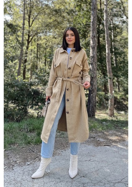 Kadın Karamel Uzun Kol, Çift Cepli, Eteği Oval Kesim, Kemerli, Kaşe Gömlek Kaban fiyatları