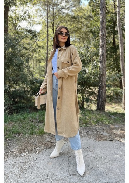 Kadın Karamel Uzun Kol, Çift Cepli, Eteği Oval Kesim, Kemerli, Kaşe Gömlek Kaban fırsatları