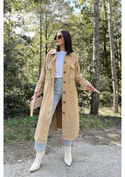 Kadın Karamel Uzun Kol, Çift Cepli, Eteği Oval Kesim, Kemerli, Kaşe Gömlek Kaban indirimleri