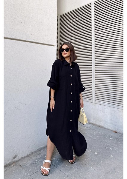Kadın Siyah Muslin Kumaş, Yarasa Kol, Eteği Oval, Çift Cepli, Uzun Oversize Salaş Gömlek Elbise modelleri