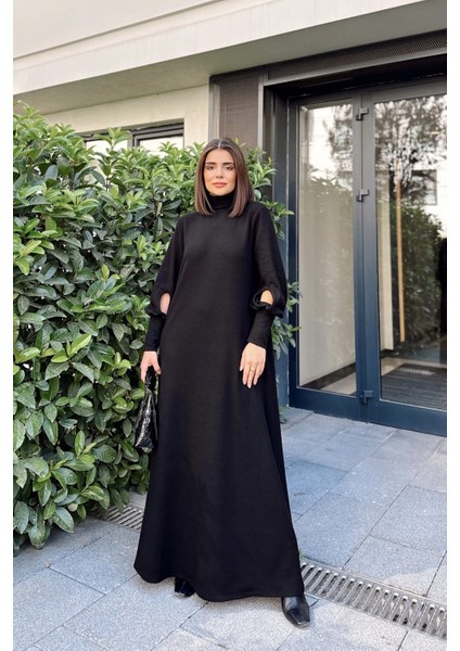 Kadın Siyah Boğazlı, Uzun Kolları Manşet ve Pencere Detaylı, A Kesim, Salaş, Uzun Elbise fiyatları