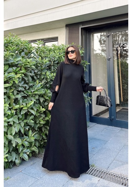 Kadın Siyah Boğazlı, Uzun Kolları Manşet ve Pencere Detaylı, A Kesim, Salaş, Uzun Elbise indirimleri
