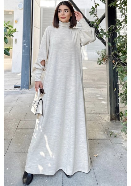 Kadın Bej Boğazlı, Uzun Kolları Manşet ve Pencere Detaylı, A Kesim, Salaş, Uzun Elbise