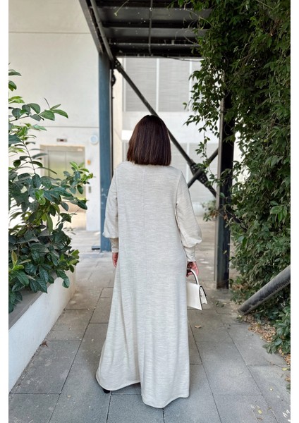 Kadın Bej Boğazlı, Uzun Kolları Manşet ve Pencere Detaylı, A Kesim, Salaş, Uzun Elbise fiyatları