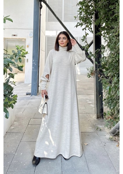 Kadın Bej Boğazlı, Uzun Kolları Manşet ve Pencere Detaylı, A Kesim, Salaş, Uzun Elbise modelleri