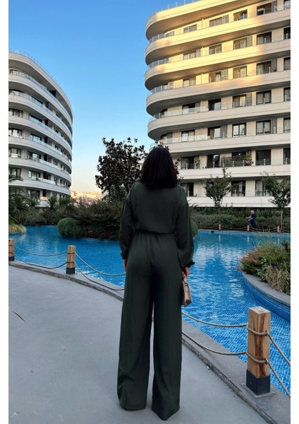 Kadın Haki Uzun Kol, Gömlek Yaka, Beli Lastikli, 4 Cepli, Bilekleri Lastikli, Salaş Tulum fiyatları