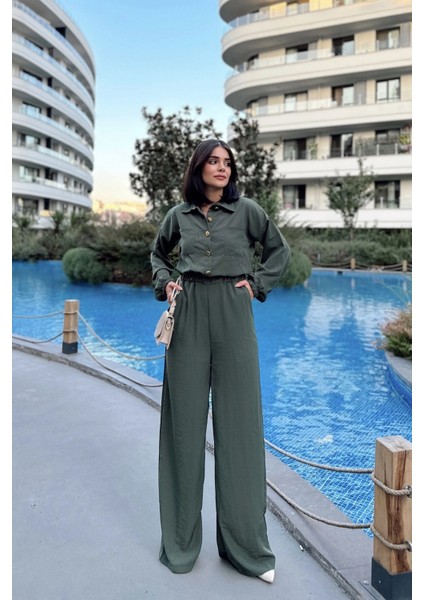 Kadın Haki Uzun Kol, Gömlek Yaka, Beli Lastikli, 4 Cepli, Bilekleri Lastikli, Salaş Tulum fırsatları