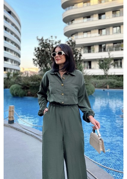 Kadın Haki Uzun Kol, Gömlek Yaka, Beli Lastikli, 4 Cepli, Bilekleri Lastikli, Salaş Tulum indirimleri