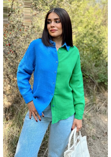 Kadın Mavi & Yeşil Muslin Kumaş, Çift Bloklu, Eteği Oval, Uzun Kol, Regular Kesim Gömlek