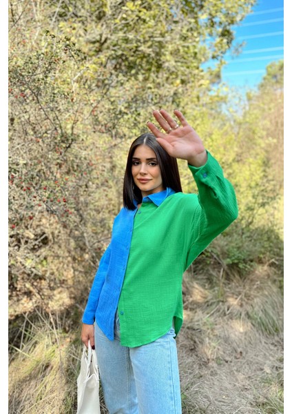 Kadın Mavi & Yeşil Muslin Kumaş, Çift Bloklu, Eteği Oval, Uzun Kol, Regular Kesim Gömlek fiyatları