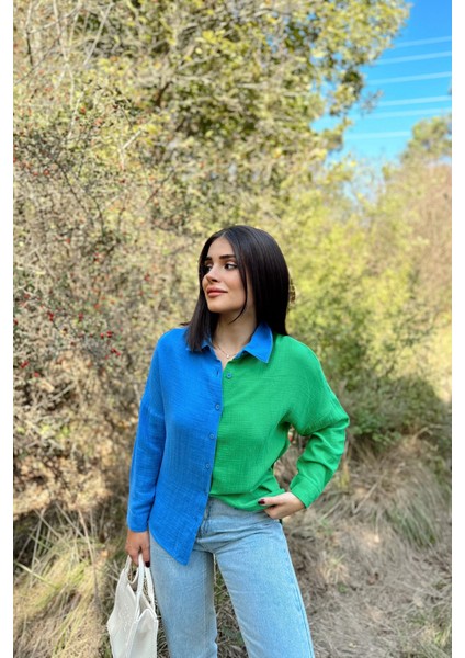 Kadın Mavi & Yeşil Muslin Kumaş, Çift Bloklu, Eteği Oval, Uzun Kol, Regular Kesim Gömlek modelleri