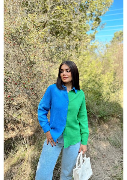 Kadın Mavi & Yeşil Muslin Kumaş, Çift Bloklu, Eteği Oval, Uzun Kol, Regular Kesim Gömlek fırsatları