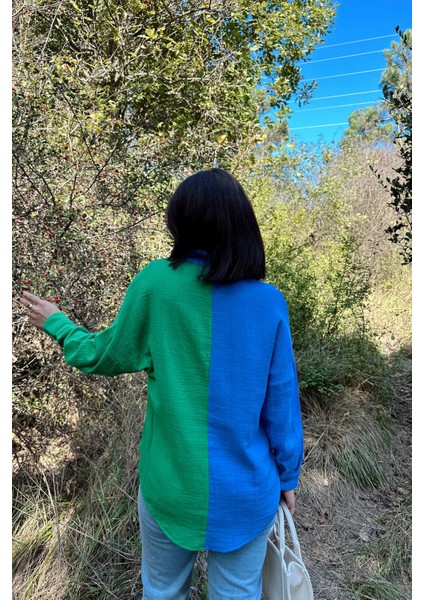 Kadın Mavi & Yeşil Muslin Kumaş, Çift Bloklu, Eteği Oval, Uzun Kol, Regular Kesim Gömlek indirimleri