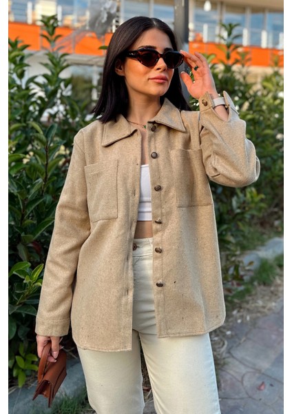 Kadın Camel Uzun Kol, Çift Cepli, Eteği Oval Kesim, Kaşe Gömlek Ceket