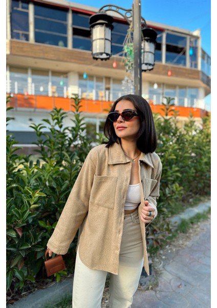 Kadın Camel Uzun Kol, Çift Cepli, Eteği Oval Kesim, Kaşe Gömlek Ceket fiyatları