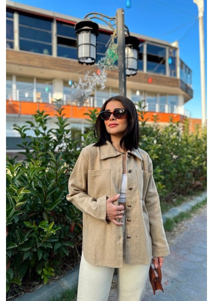Kadın Camel Uzun Kol, Çift Cepli, Eteği Oval Kesim, Kaşe Gömlek Ceket modelleri