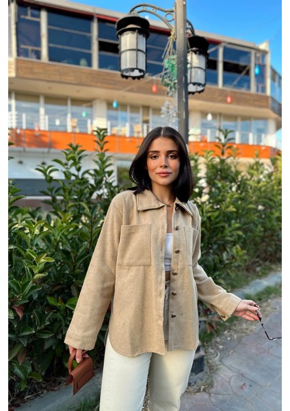 Kadın Camel Uzun Kol, Çift Cepli, Eteği Oval Kesim, Kaşe Gömlek Ceket fırsatları