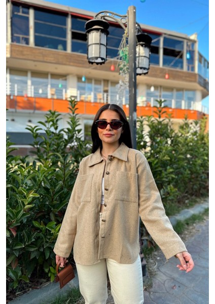 Kadın Camel Uzun Kol, Çift Cepli, Eteği Oval Kesim, Kaşe Gömlek Ceket indirimleri