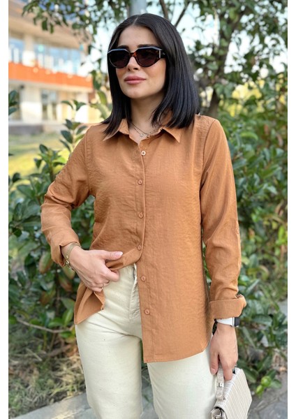 Kadın Taba Klasik Yaka Uzun Kol Regular Kesim Standart Boy Gömlek (Özel Kumaş)