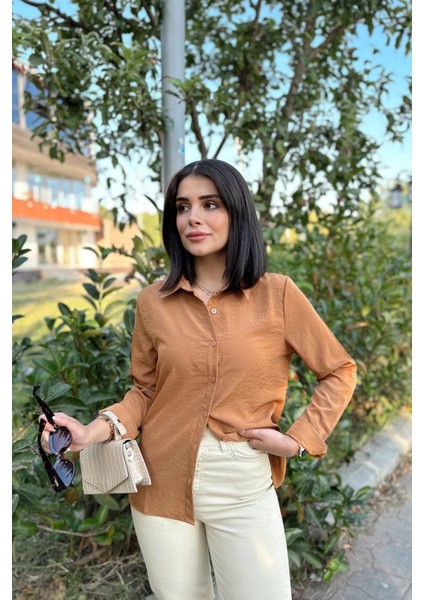 Kadın Taba Klasik Yaka Uzun Kol Regular Kesim Standart Boy Gömlek (Özel Kumaş) fiyatları