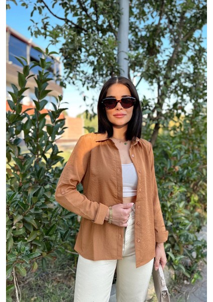 Kadın Taba Klasik Yaka Uzun Kol Regular Kesim Standart Boy Gömlek (Özel Kumaş) modelleri