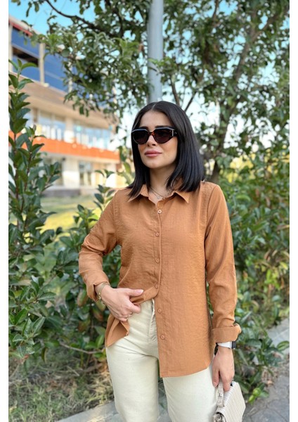 Kadın Taba Klasik Yaka Uzun Kol Regular Kesim Standart Boy Gömlek (Özel Kumaş) fırsatları