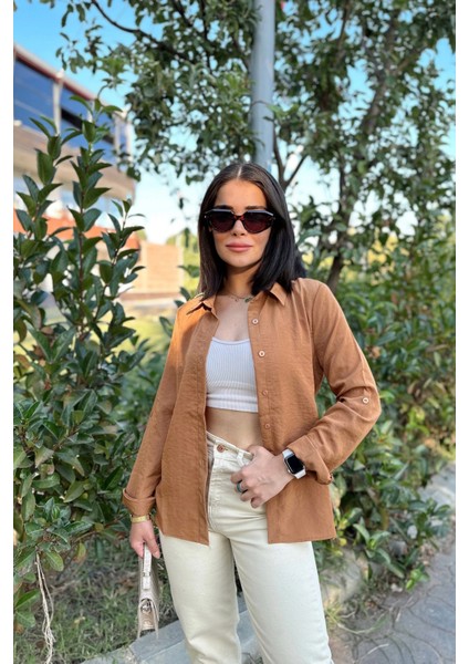 Kadın Taba Klasik Yaka Uzun Kol Regular Kesim Standart Boy Gömlek (Özel Kumaş) indirimleri