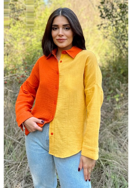 Kadın Turuncu & Sarı Muslin Kumaş, Çift Bloklu, Eteği Oval, Uzun Kol, Regular Kesim Gömlek