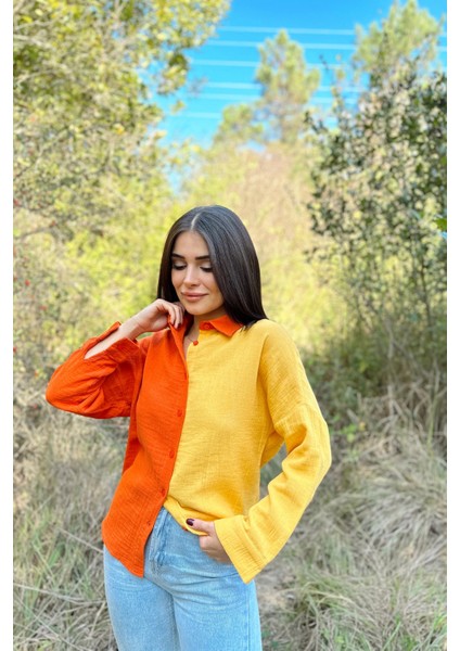 Kadın Turuncu & Sarı Muslin Kumaş, Çift Bloklu, Eteği Oval, Uzun Kol, Regular Kesim Gömlek fiyatları