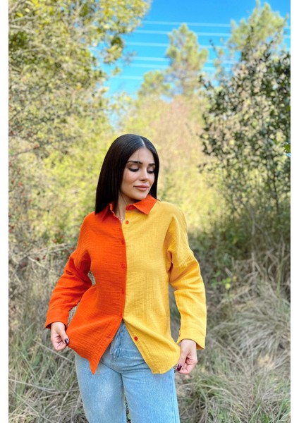 Kadın Turuncu & Sarı Muslin Kumaş, Çift Bloklu, Eteği Oval, Uzun Kol, Regular Kesim Gömlek fırsatları