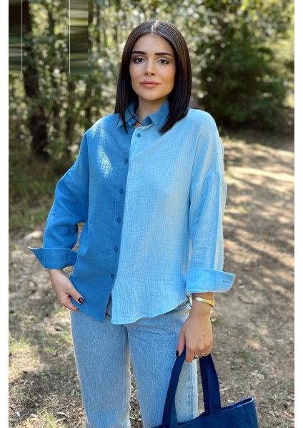 Kadın Mavi Muslin Kumaş, Çift Bloklu, Eteği Oval, Uzun Kol, Regular Kesim Gömlek