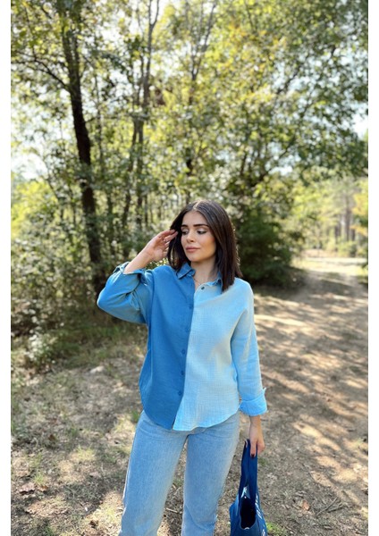 Kadın Mavi Muslin Kumaş, Çift Bloklu, Eteği Oval, Uzun Kol, Regular Kesim Gömlek fiyatları