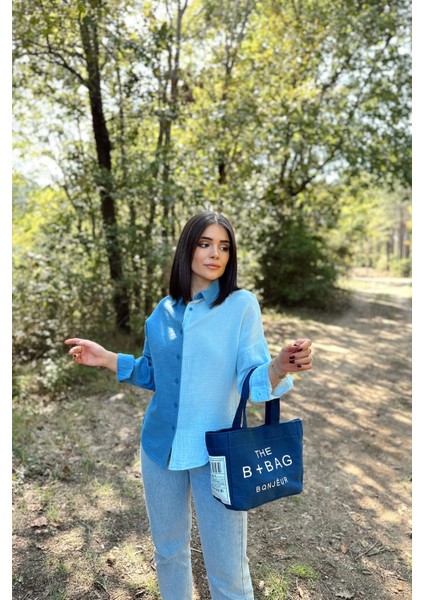 Kadın Mavi Muslin Kumaş, Çift Bloklu, Eteği Oval, Uzun Kol, Regular Kesim Gömlek fırsatları