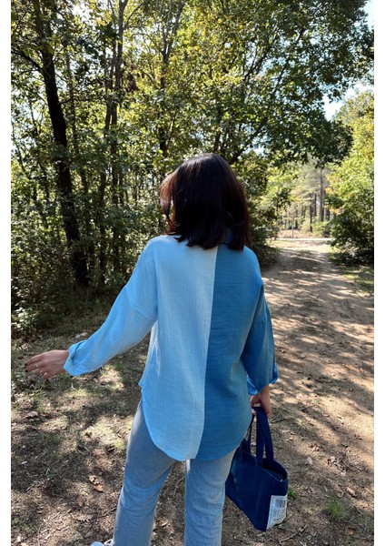 Kadın Mavi Muslin Kumaş, Çift Bloklu, Eteği Oval, Uzun Kol, Regular Kesim Gömlek indirimleri