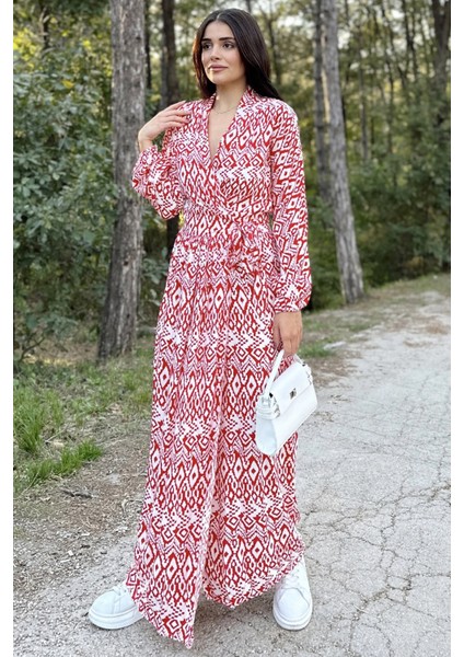 Kadın Kırmızı & Ekru Kruvaze Yaka, Yırtmaçlı, Beli Kuşaklı, Bilekleri Lastikli, Salaş, Uzun Elbise