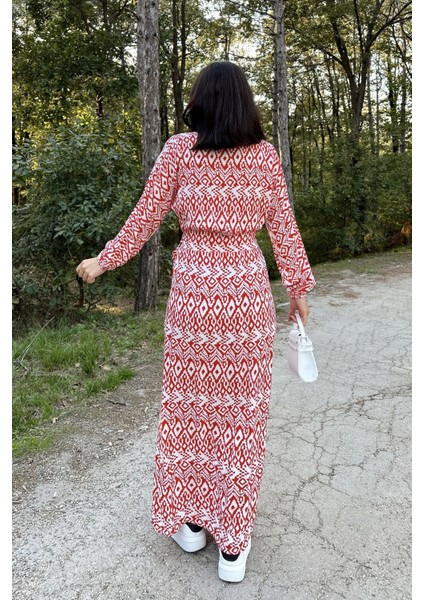 Kadın Kırmızı & Ekru Kruvaze Yaka, Yırtmaçlı, Beli Kuşaklı, Bilekleri Lastikli, Salaş, Uzun Elbise fiyatları