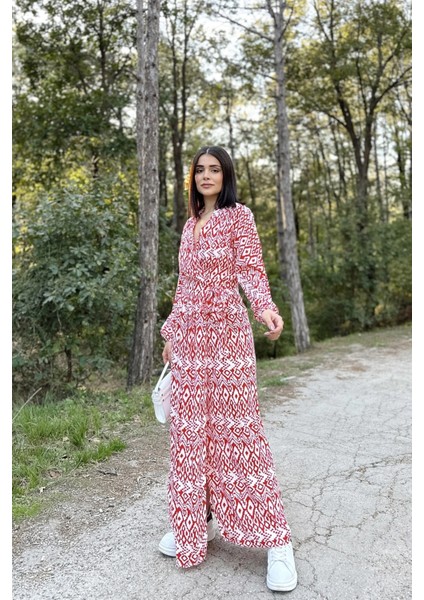 Kadın Kırmızı & Ekru Kruvaze Yaka, Yırtmaçlı, Beli Kuşaklı, Bilekleri Lastikli, Salaş, Uzun Elbise modelleri