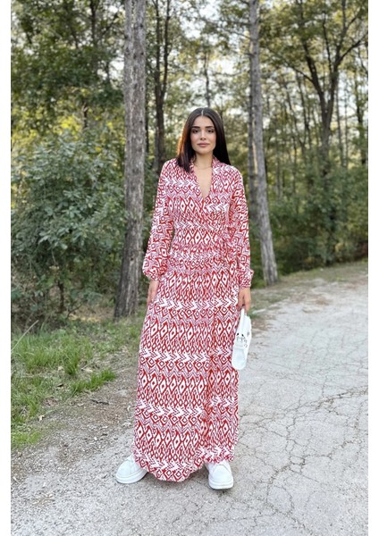 Kadın Kırmızı & Ekru Kruvaze Yaka, Yırtmaçlı, Beli Kuşaklı, Bilekleri Lastikli, Salaş, Uzun Elbise fırsatları